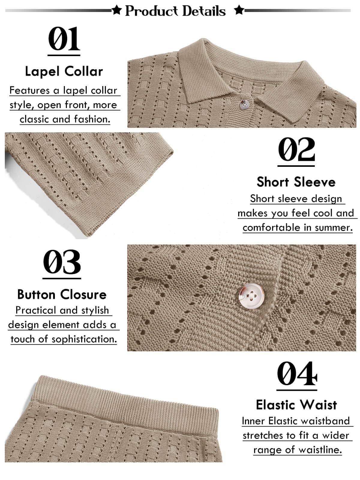 Imily Bela Womens 2PC Hollow Out Knit Cardigan Wide Leg Pants Set Khaki Size M