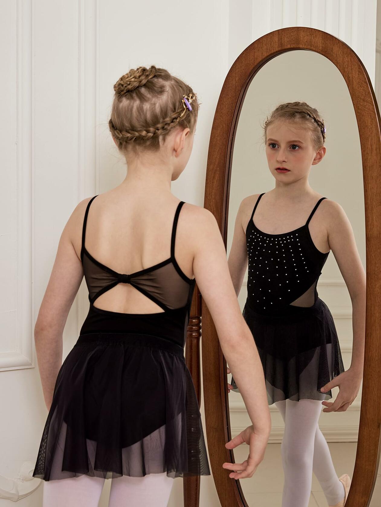 Tegmk Girls Ballet Dance Leotard Shiny Front Mesh Waist Hollow Back Size M