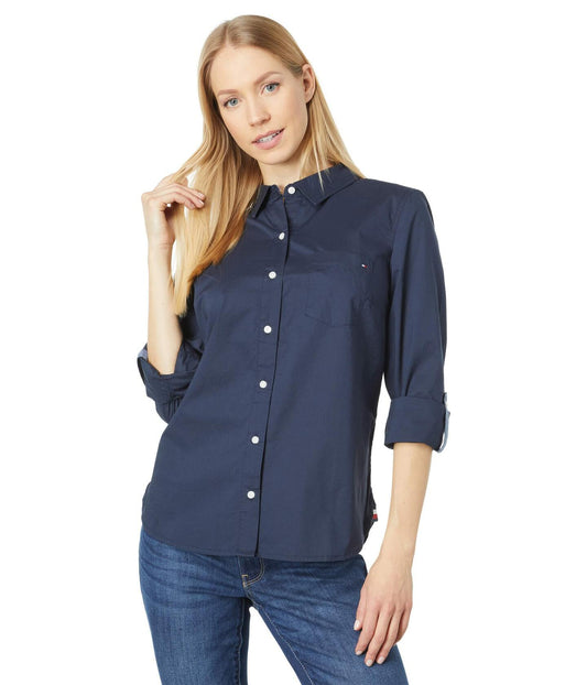 Tommy Hilfiger Solid Roll Tab Shirt Sky Captain Navy Size 4-6