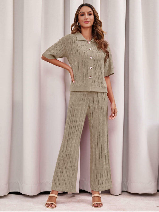 Imily Bela Womens 2PC Hollow Out Knit Cardigan Wide Leg Pants Set Khaki Size M
