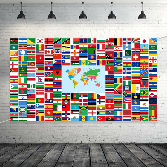 Maitys World Flags Banner Country Flags Backdrop with Brass Grommets