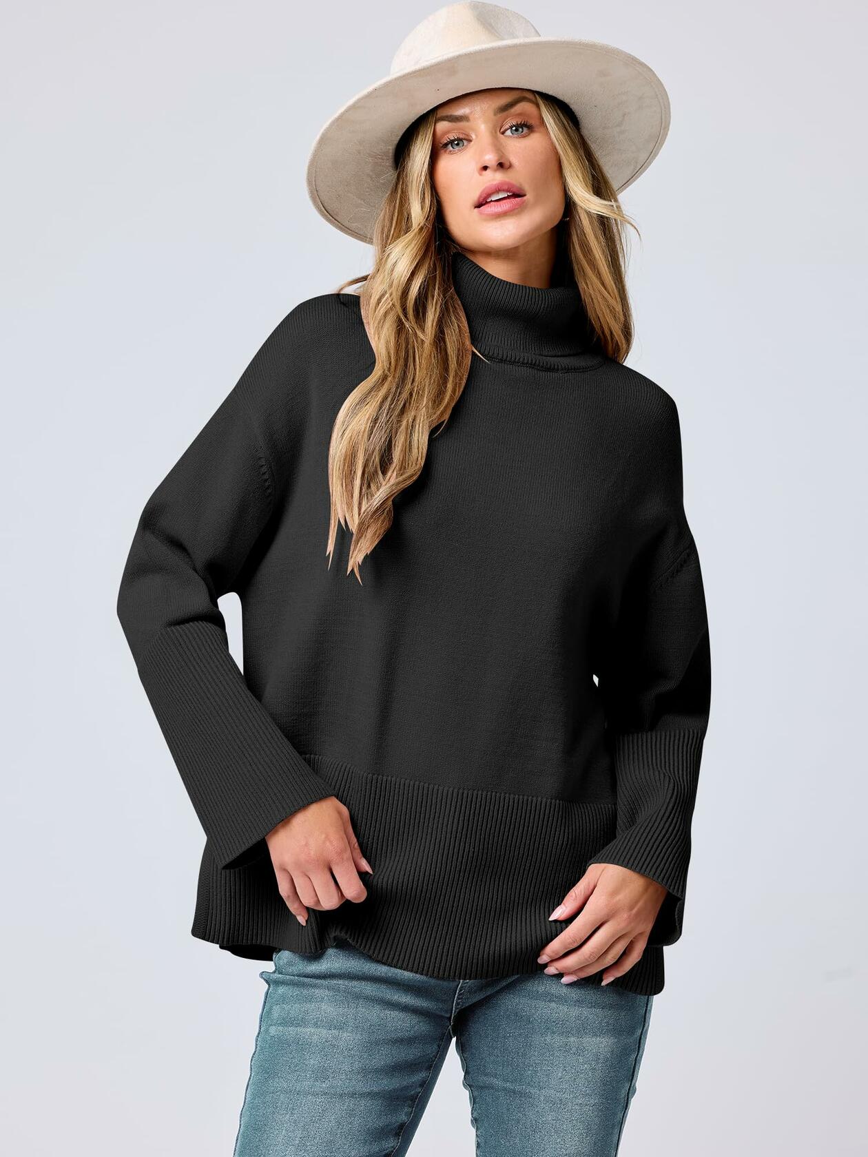 ANRABESS Womens Oversized Turtleneck Knit Pullover Sweater Black Size S