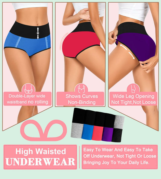 MISSWHO Cotton Womens High Waisted Tummy Control Panties 5 Pack Size M