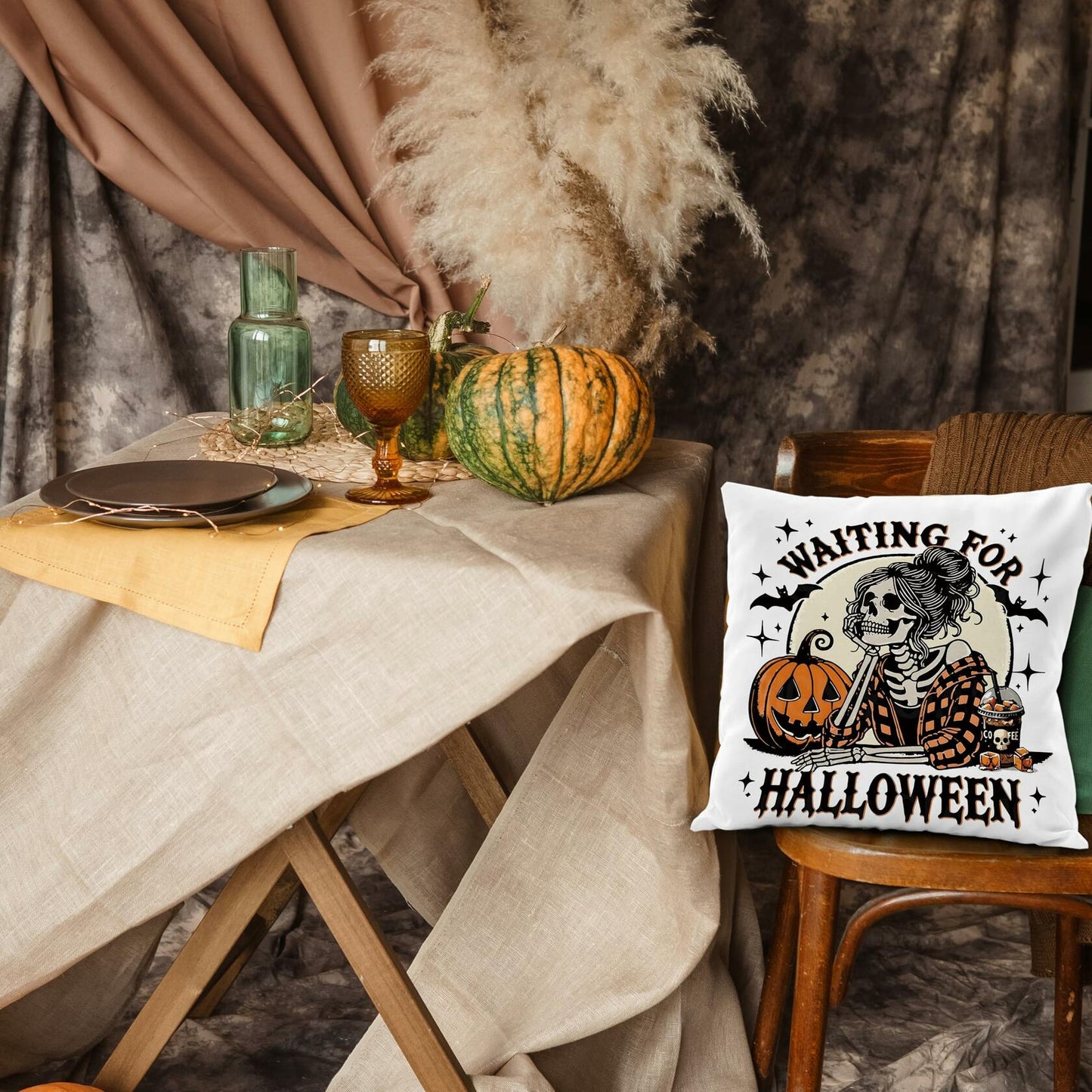 Nogrit Halloween Pillow Cover 18x18 Gothic Plaid Skeleton Pumpkin Black