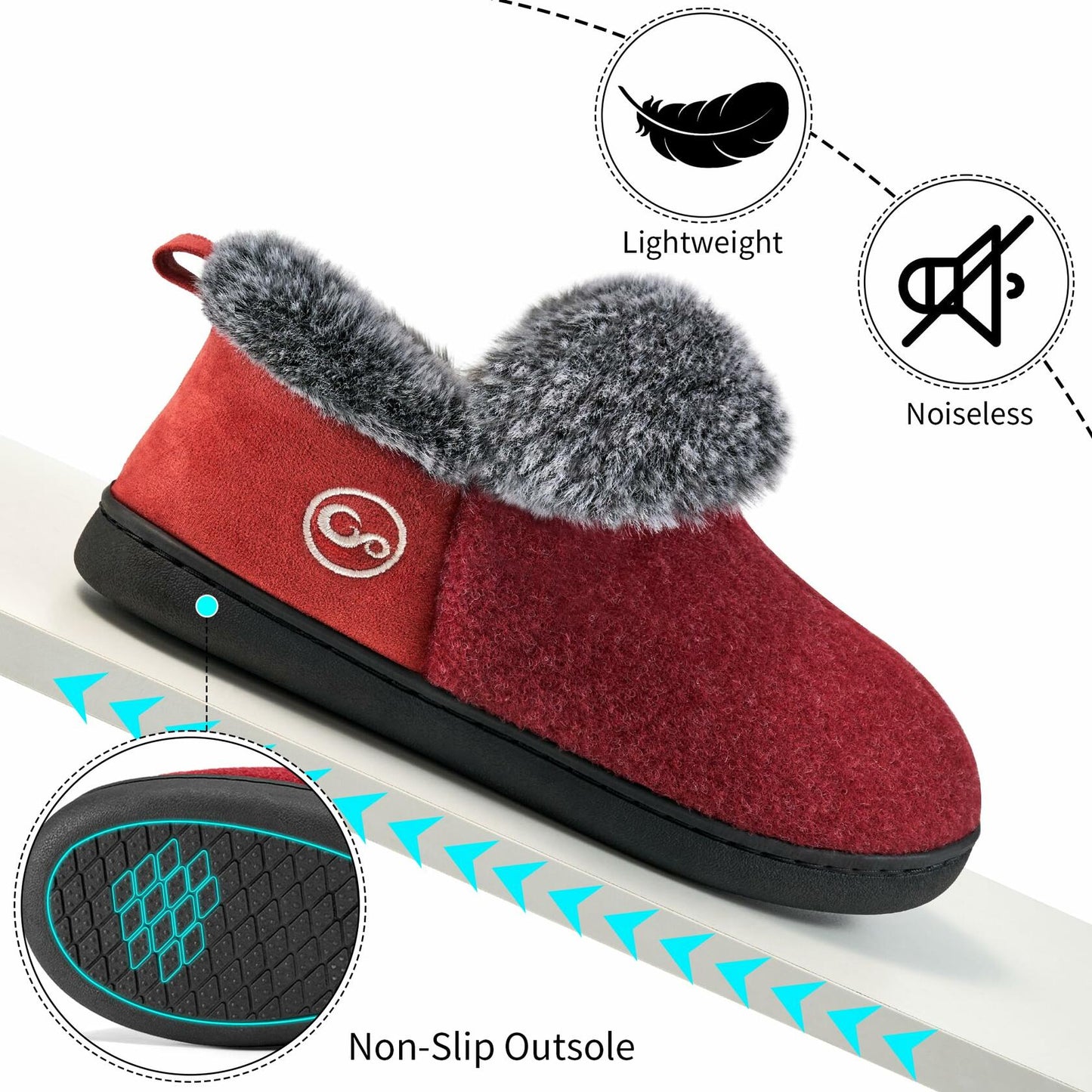 HARENCE Women's Non-Slip Memory Foam Slippers Red Size 8-8.5
