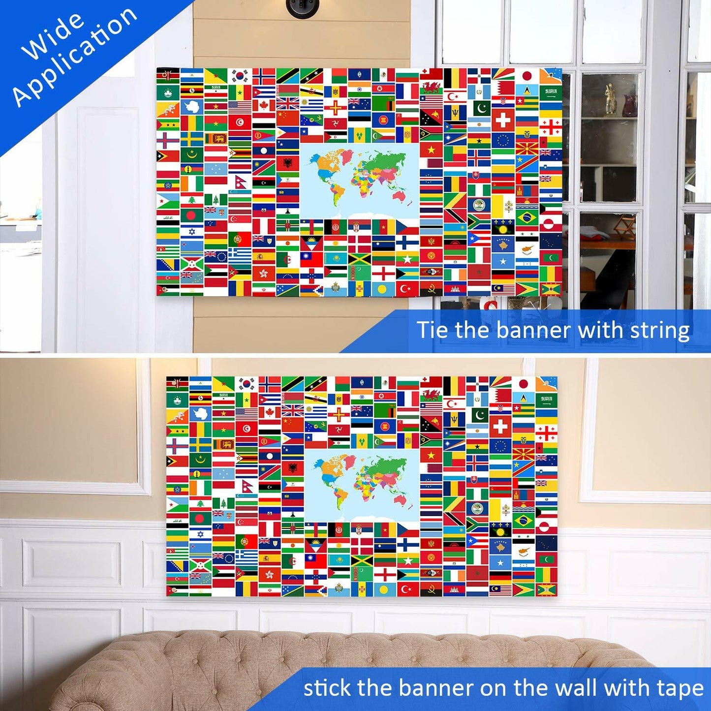 Maitys World Flags Banner Country Flags Backdrop with Brass Grommets