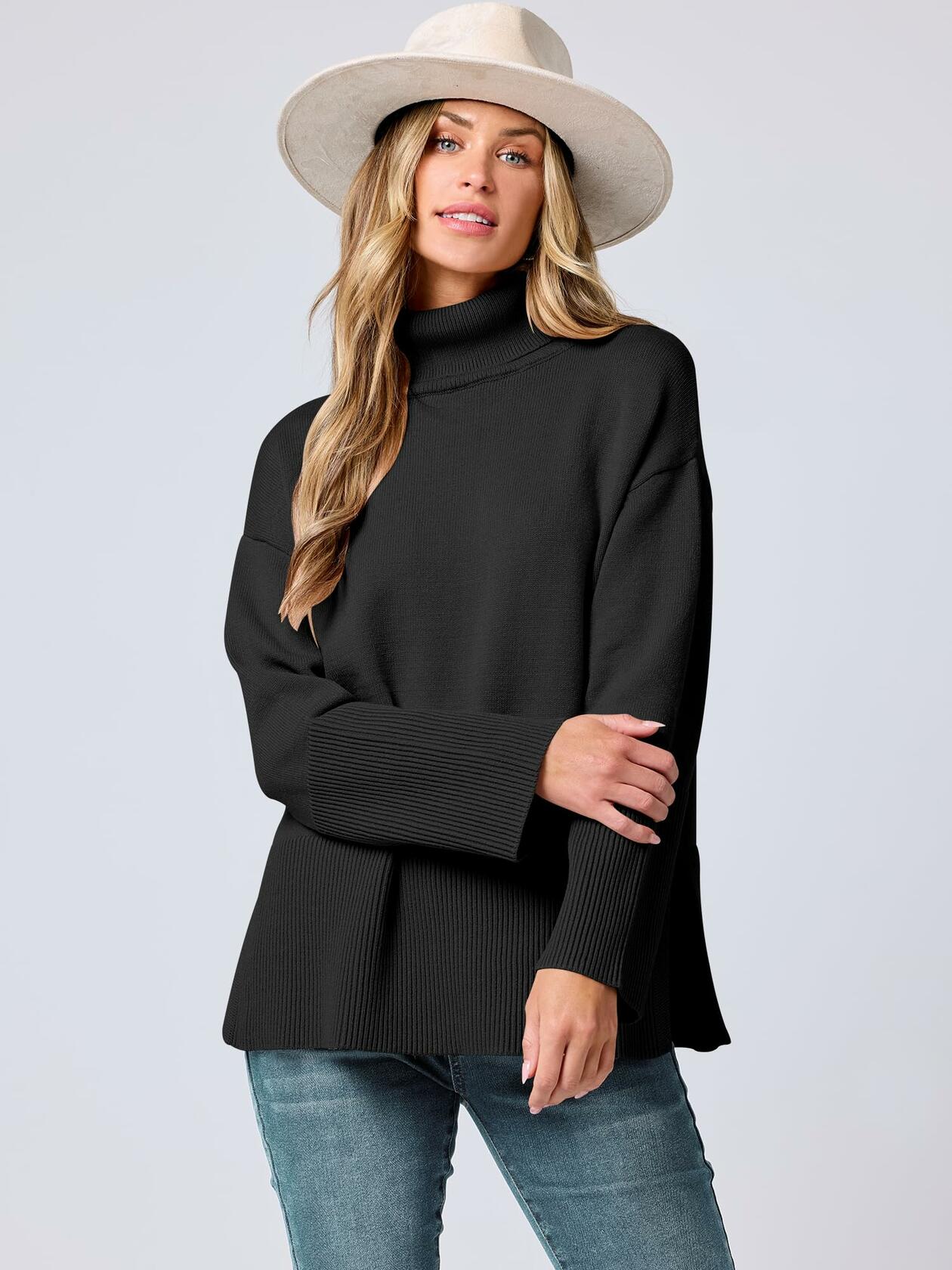 ANRABESS Womens Oversized Turtleneck Knit Pullover Sweater Black Size S