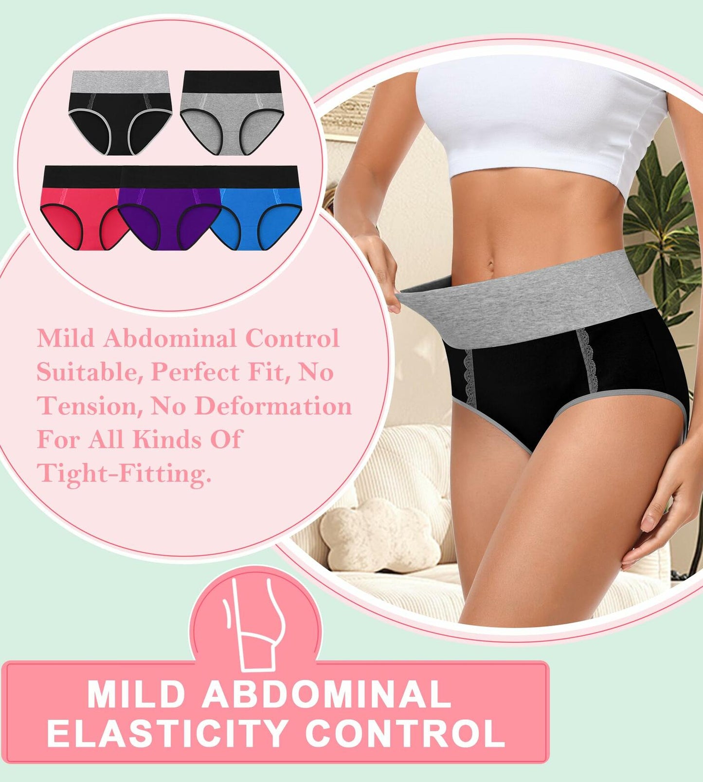 MISSWHO Cotton Womens High Waisted Tummy Control Panties 5 Pack Size M