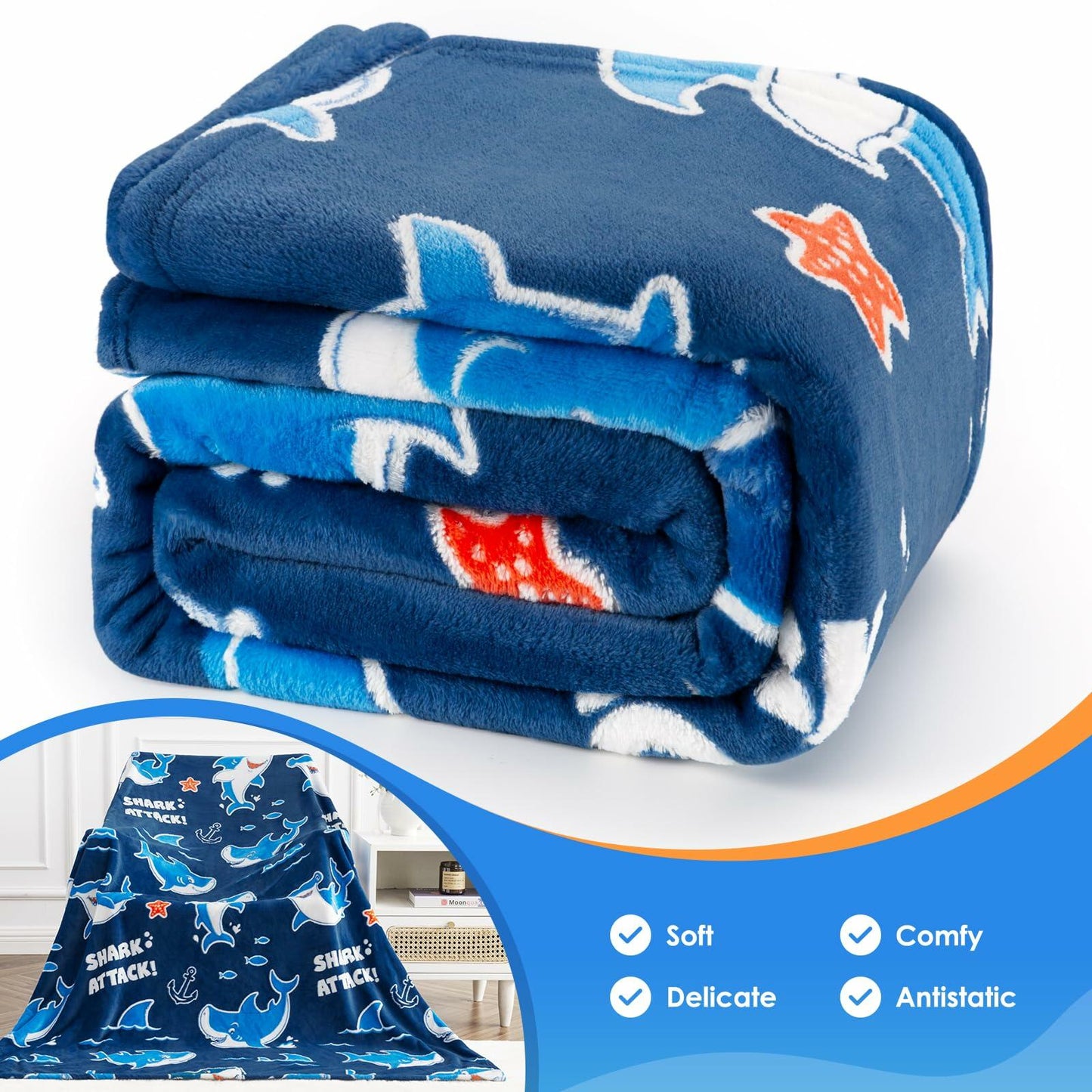 Jekeno Glow in Dark Shark Blanket Ocean Anchor Throw Blue 50x60