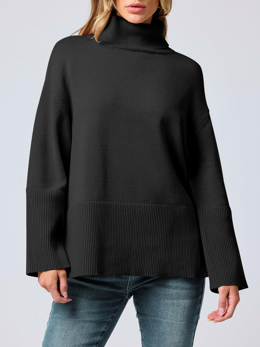 ANRABESS Womens Oversized Turtleneck Knit Pullover Sweater Black Size S
