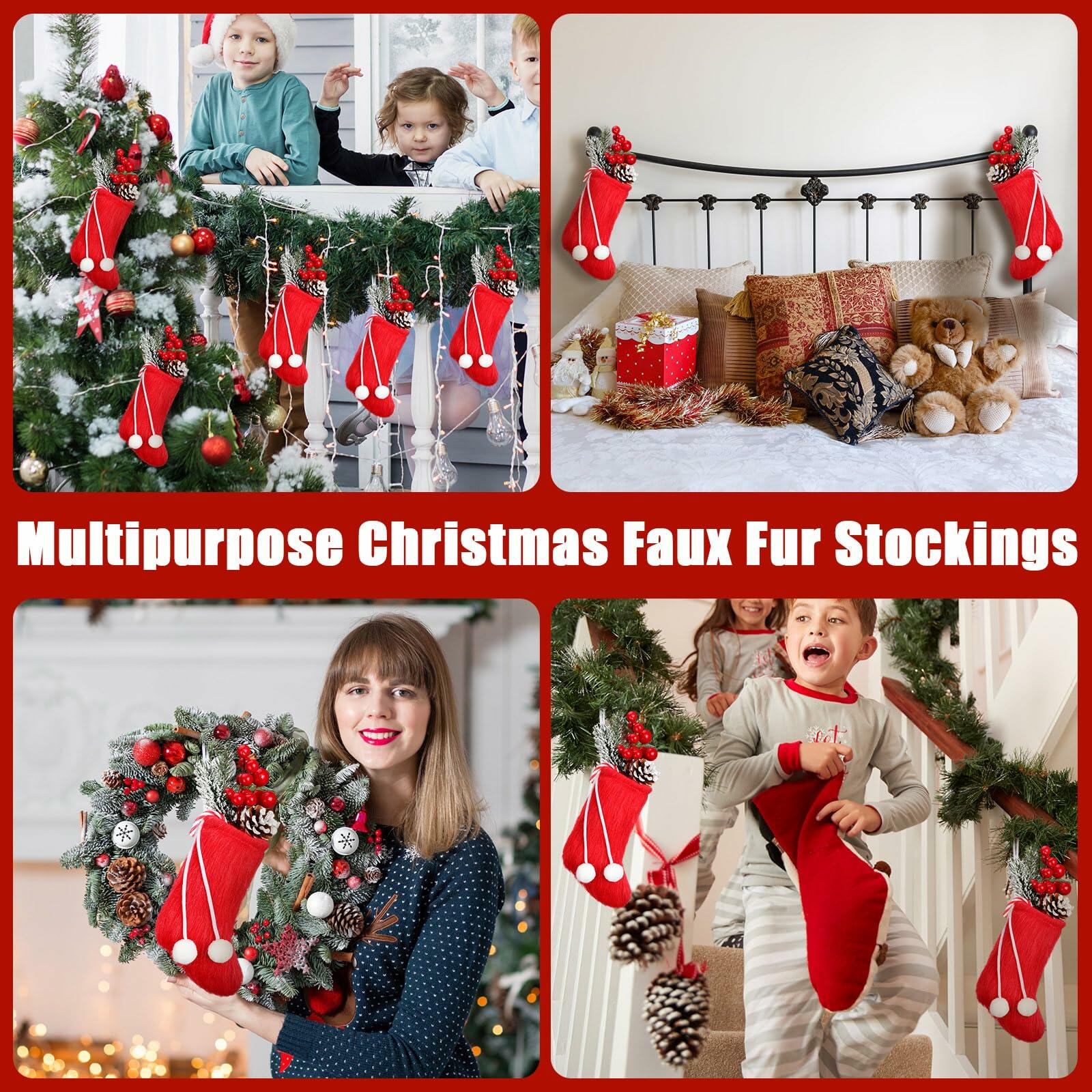 Shinymoon 12 Pcs 7" Faux Fur Christmas Stockings Red Small Furry Xmas Decor