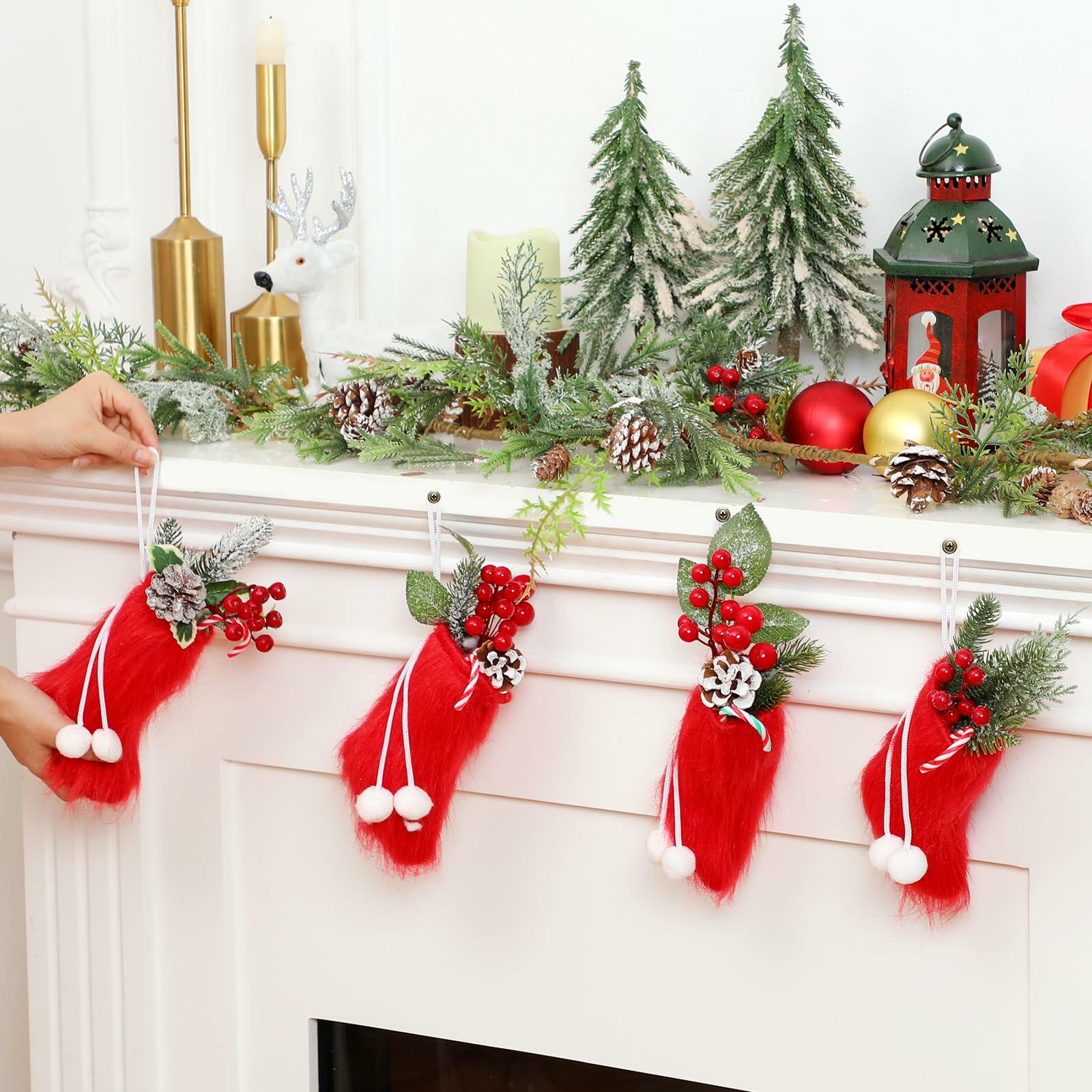 Shinymoon 12 Pcs 7" Faux Fur Christmas Stockings Red Small Furry Xmas Decor