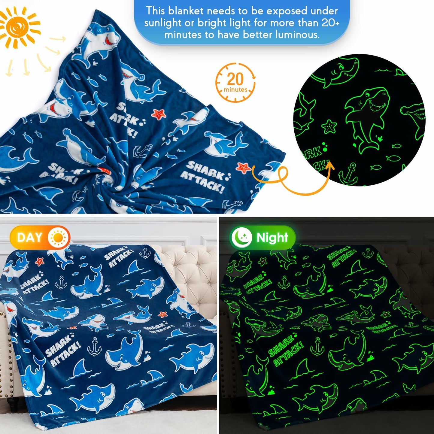 Jekeno Glow in Dark Shark Blanket Ocean Anchor Throw Blue 50x60