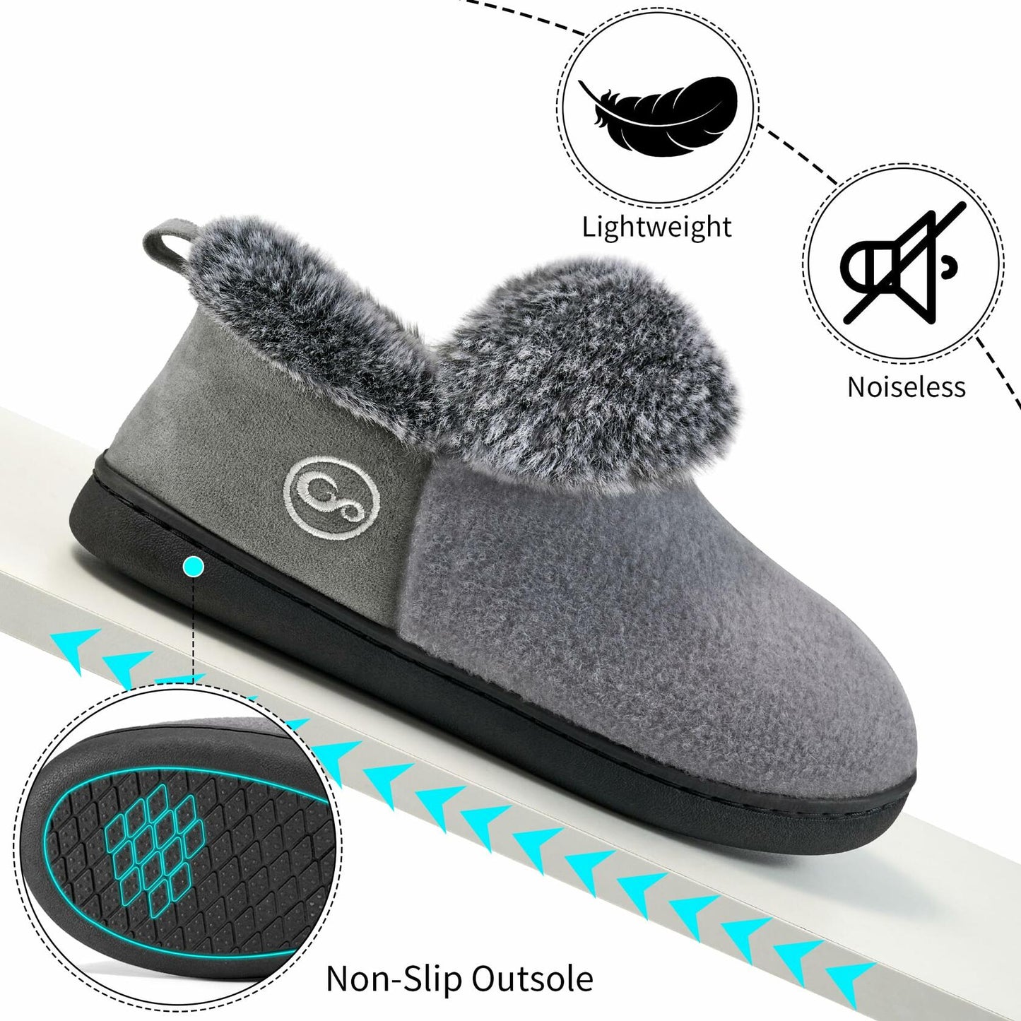 HARENCE Women's Non-Slip Memory Foam Slippers Grey Size 8-8.5