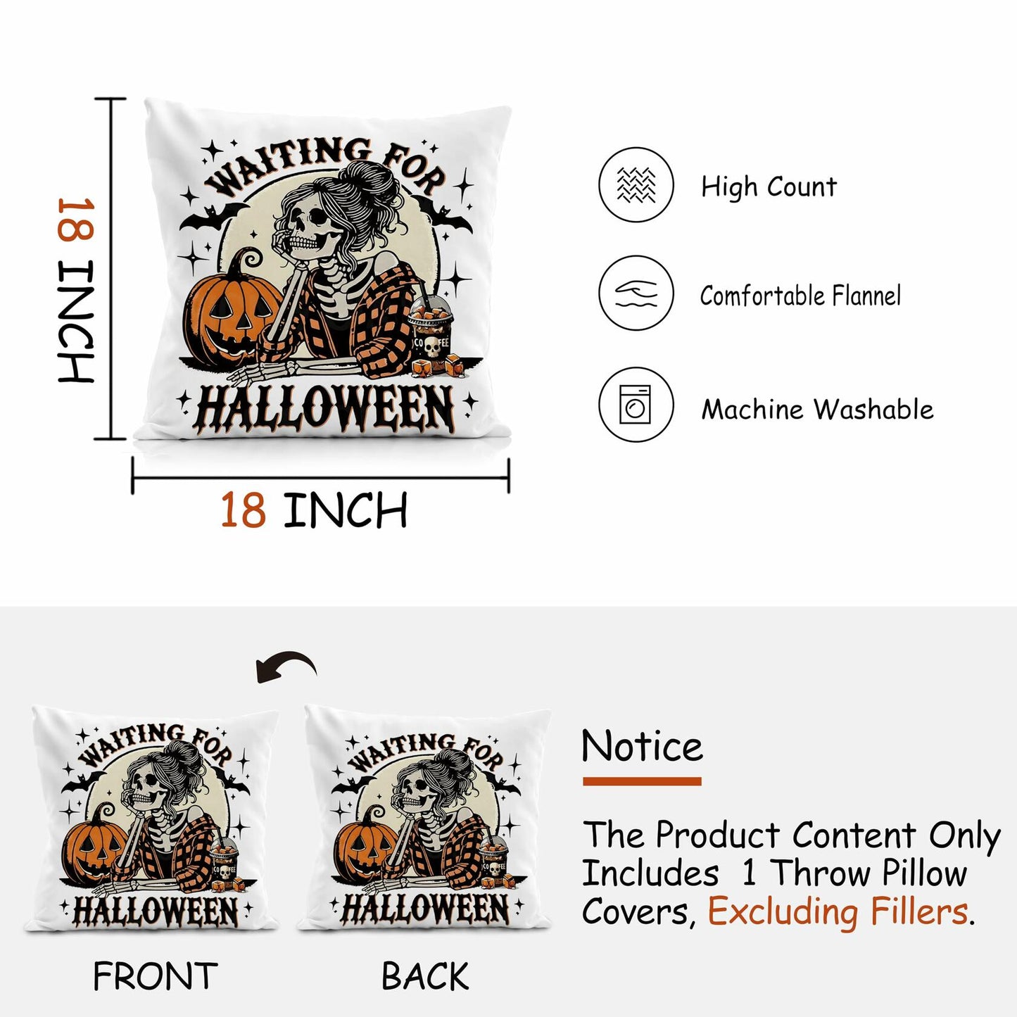 Nogrit Halloween Pillow Cover 18x18 Gothic Plaid Skeleton Pumpkin Black