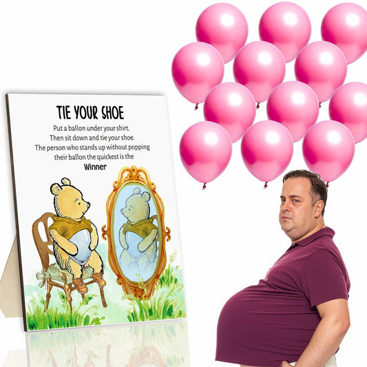 Tie Your Shoe Baby Shower Game Winnie Bear Wood Frame Pink Balloon 50 Pcs