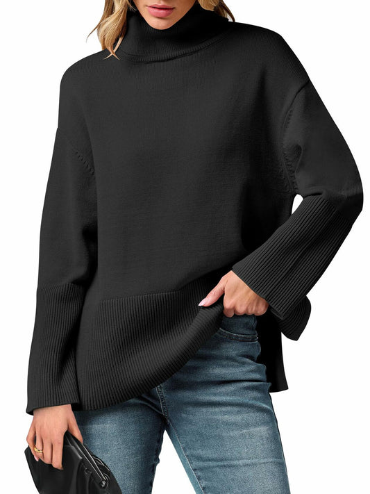 ANRABESS Womens Oversized Turtleneck Knit Pullover Sweater Black Size S