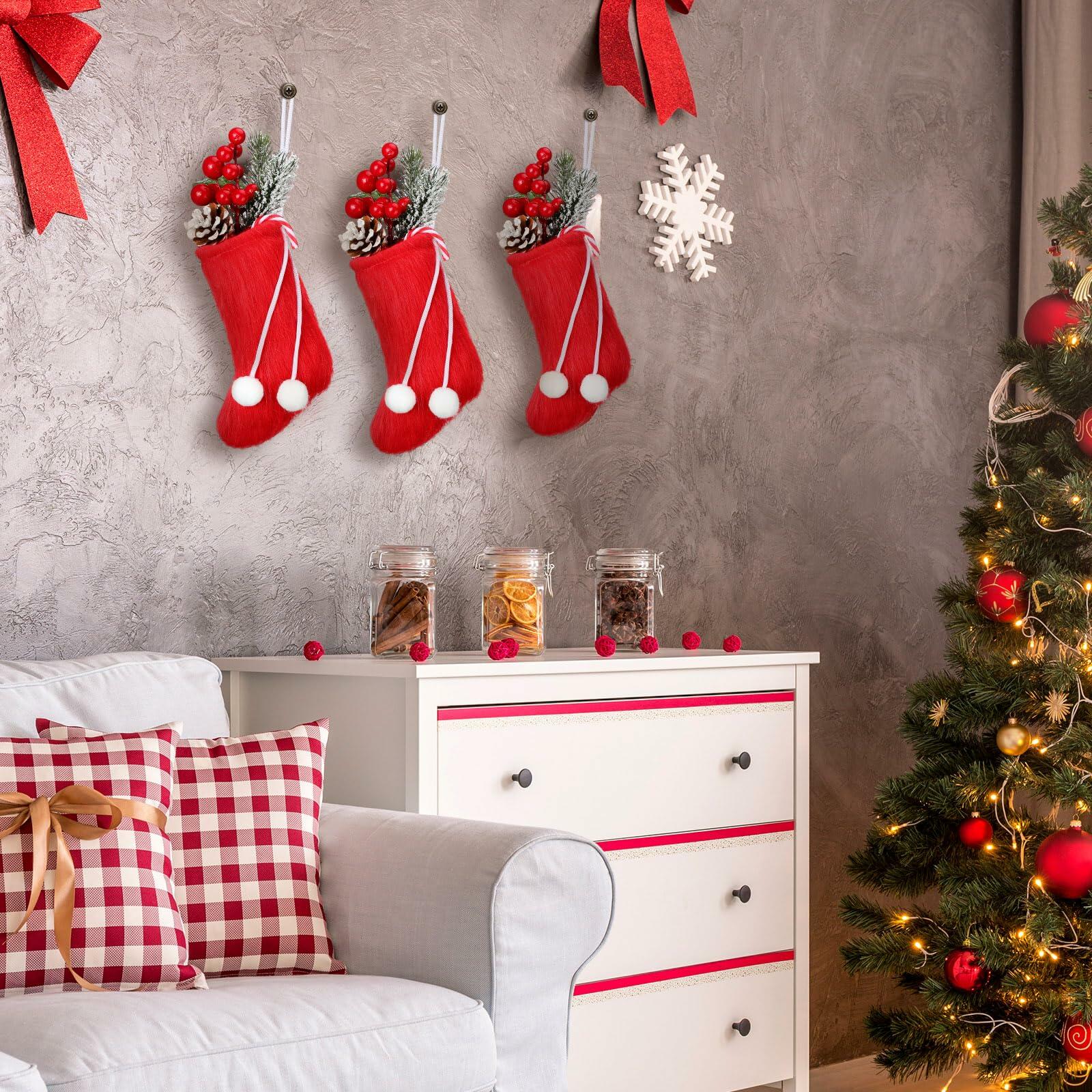 Shinymoon 12 Pcs 7" Faux Fur Christmas Stockings Red Small Furry Xmas Decor