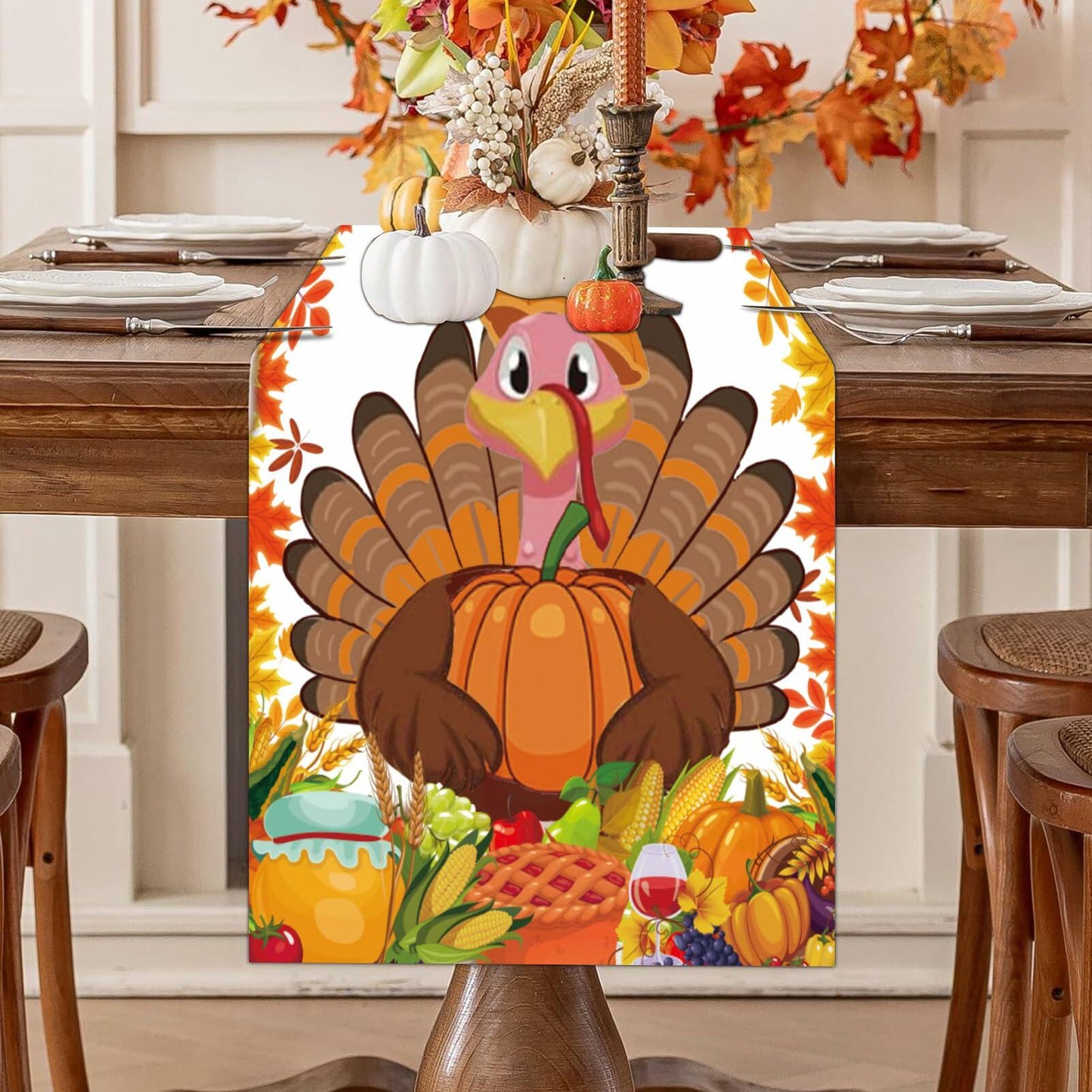 Happy Thanksgiving Turkey Table Runner Oxford 70.86x13.77in Pumpkin Maple