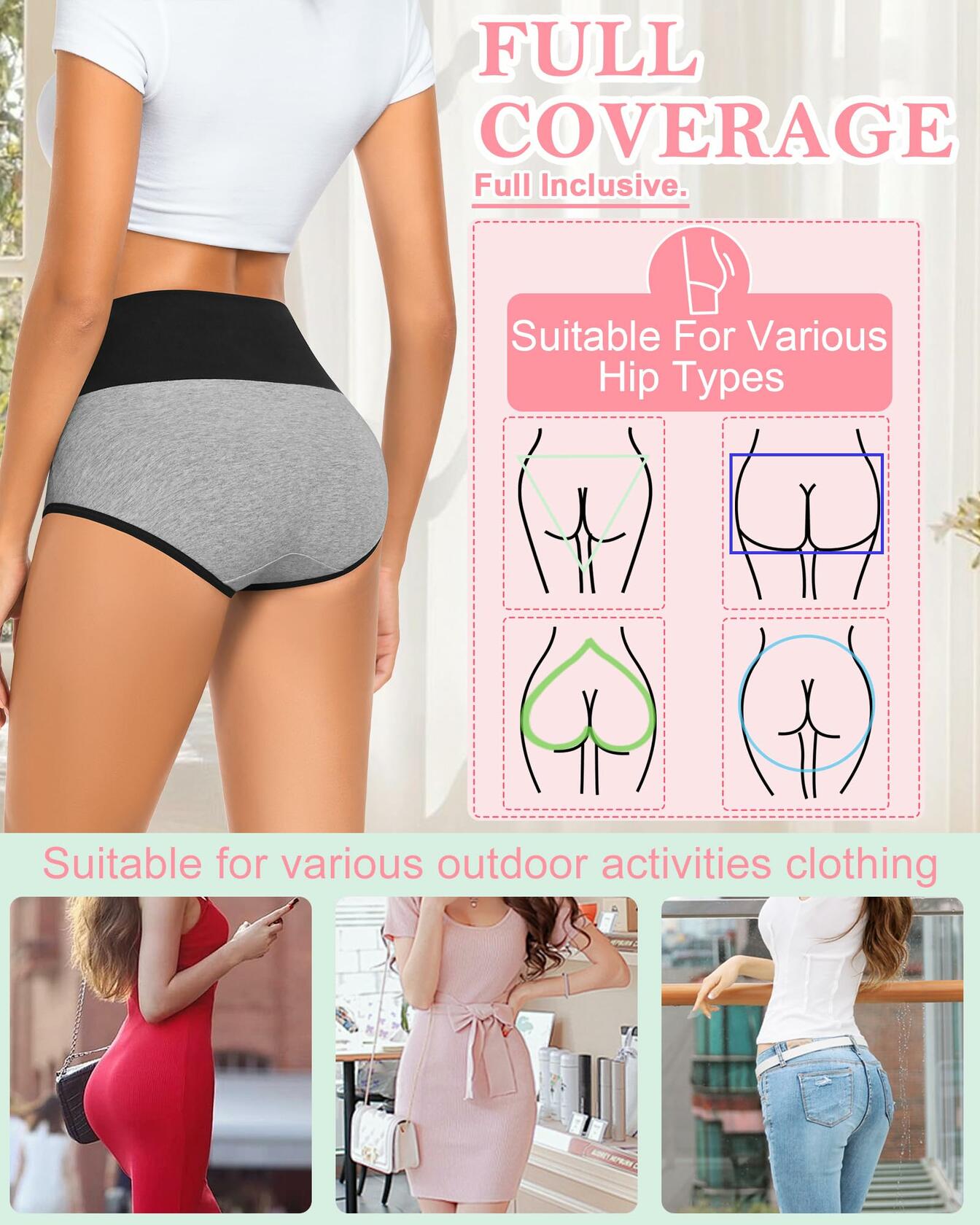 MISSWHO Cotton Womens High Waisted Tummy Control Panties 5 Pack Size M