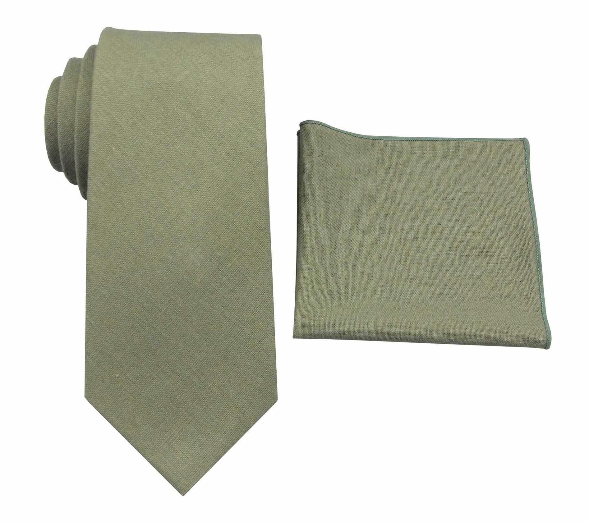 Mens Solid Linen Tie and Pocket Square Set Extra Long Sage Green Size Regular