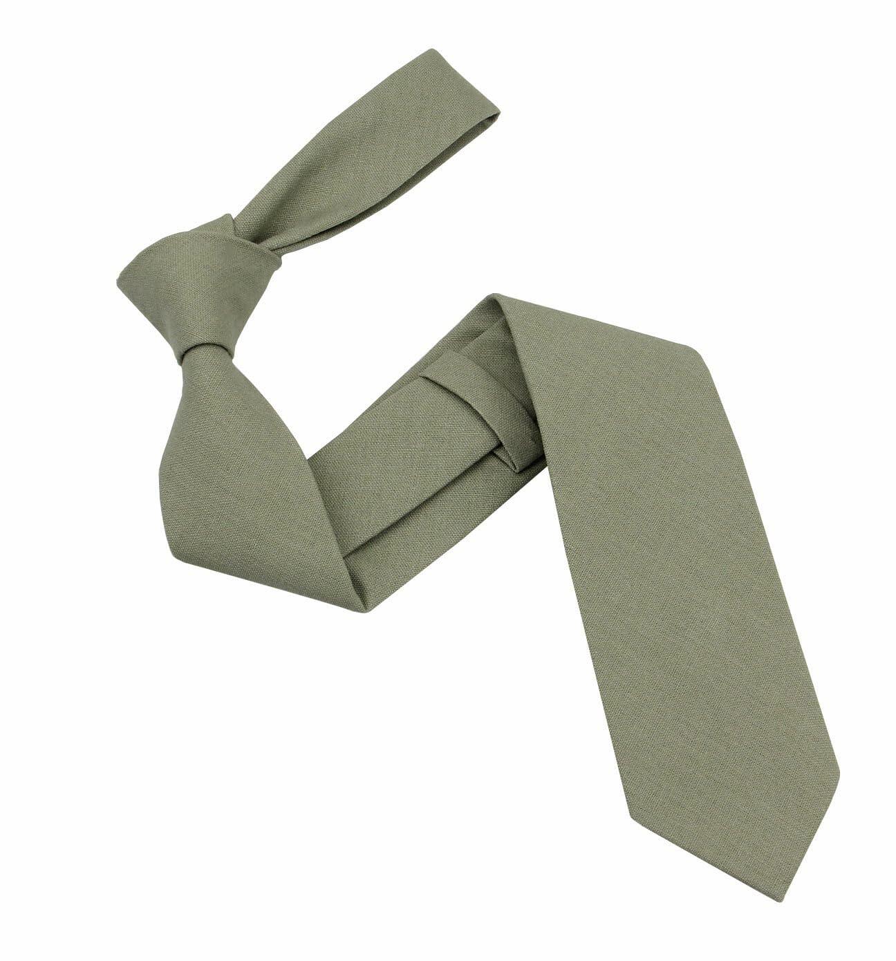 Mens Solid Linen Tie and Pocket Square Set Extra Long Sage Green Size Regular