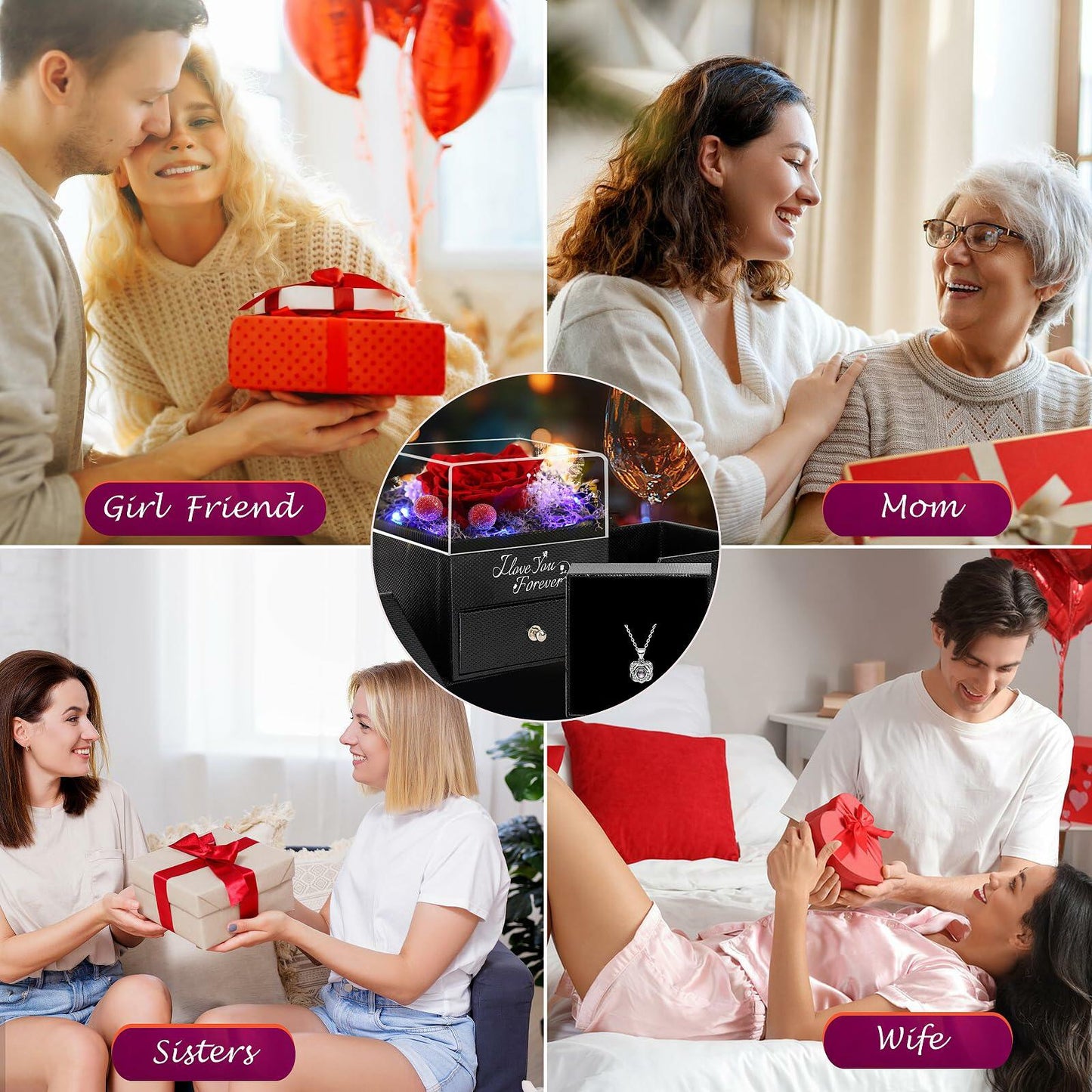 Logth Forever Rose Preserved Red Flower Box with Heart Necklace Gift