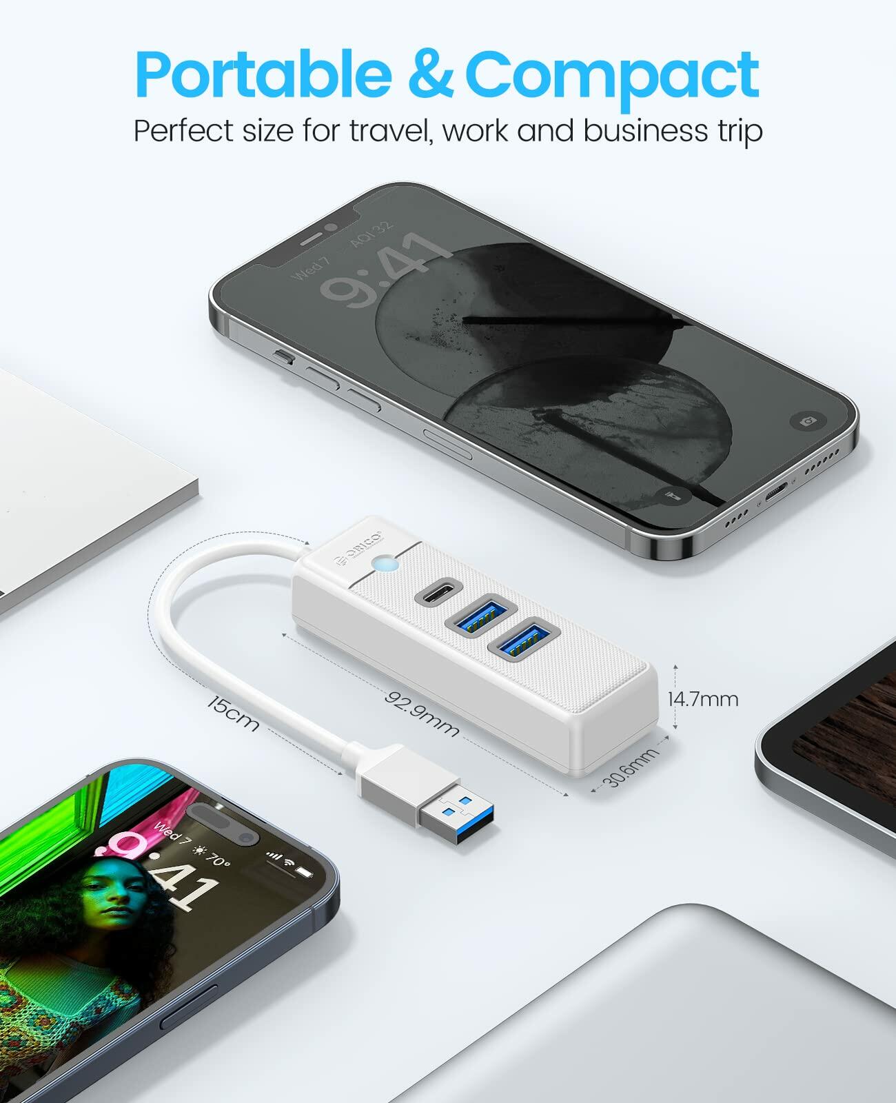 ORICO USB C Hub 3-Port USB 3.1 to USB 3.0 Adapter White 0.5ft Cable