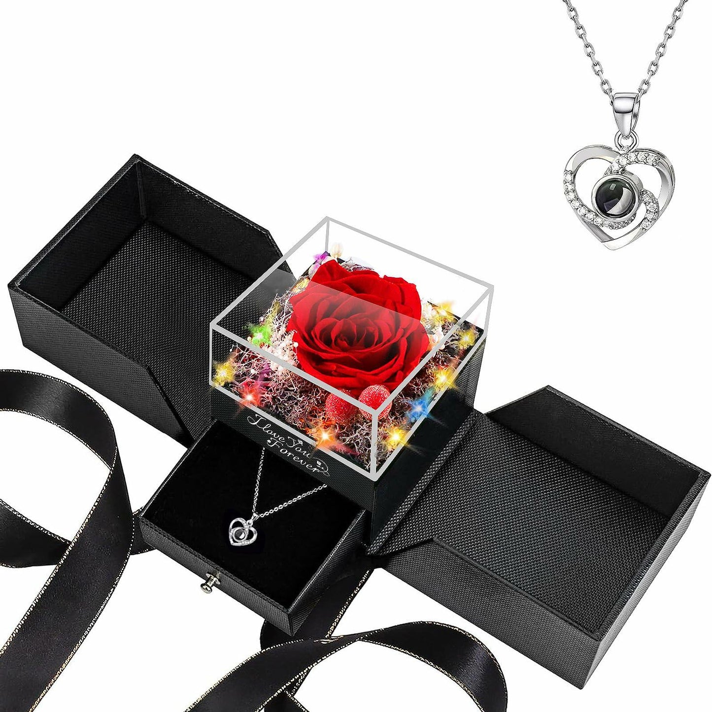 Logth Forever Rose Preserved Red Flower Box with Heart Necklace Gift