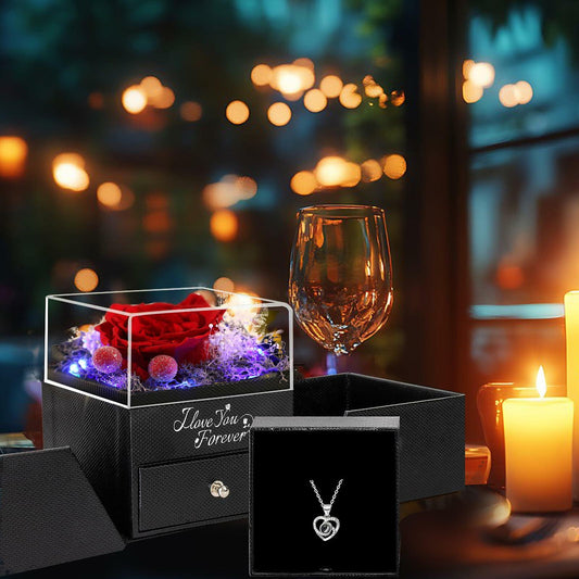 Logth Forever Rose Preserved Red Flower Box with Heart Necklace Gift