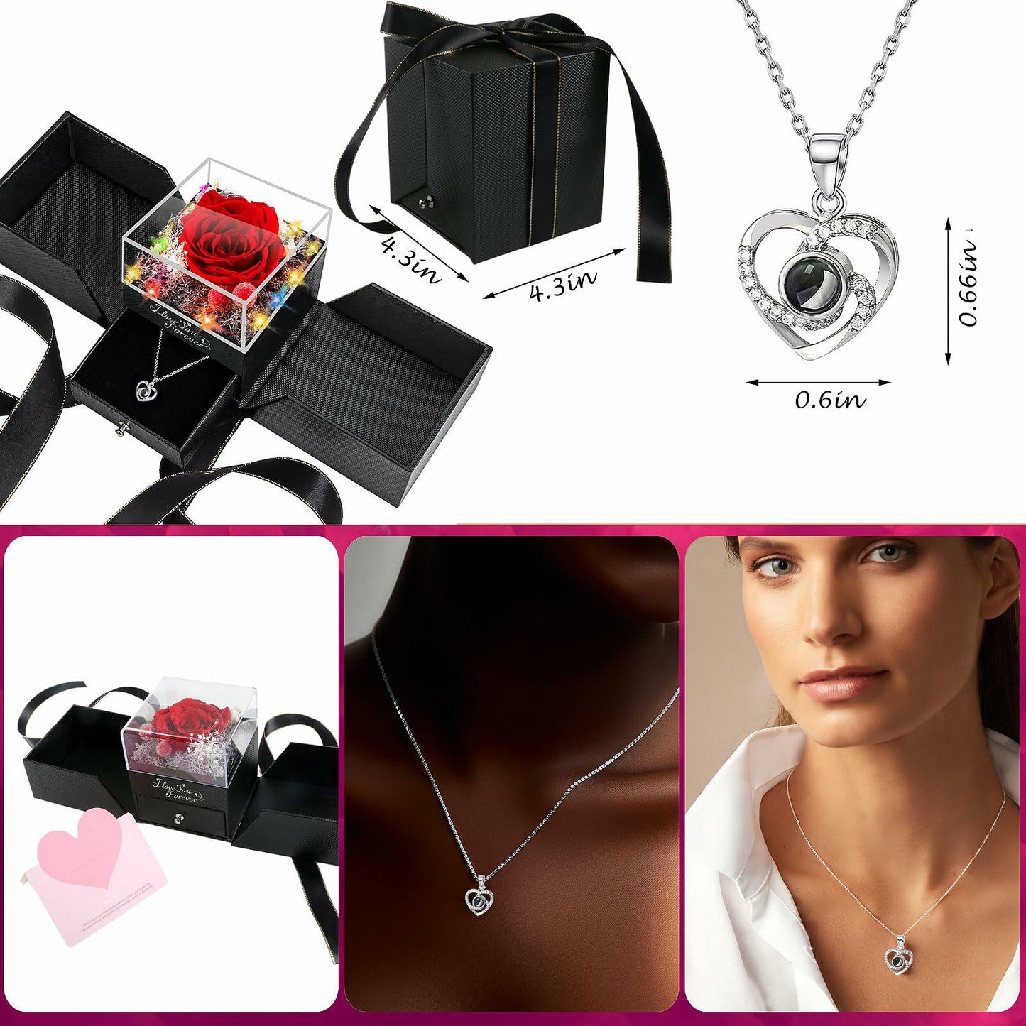 Logth Forever Rose Preserved Red Flower Box with Heart Necklace Gift