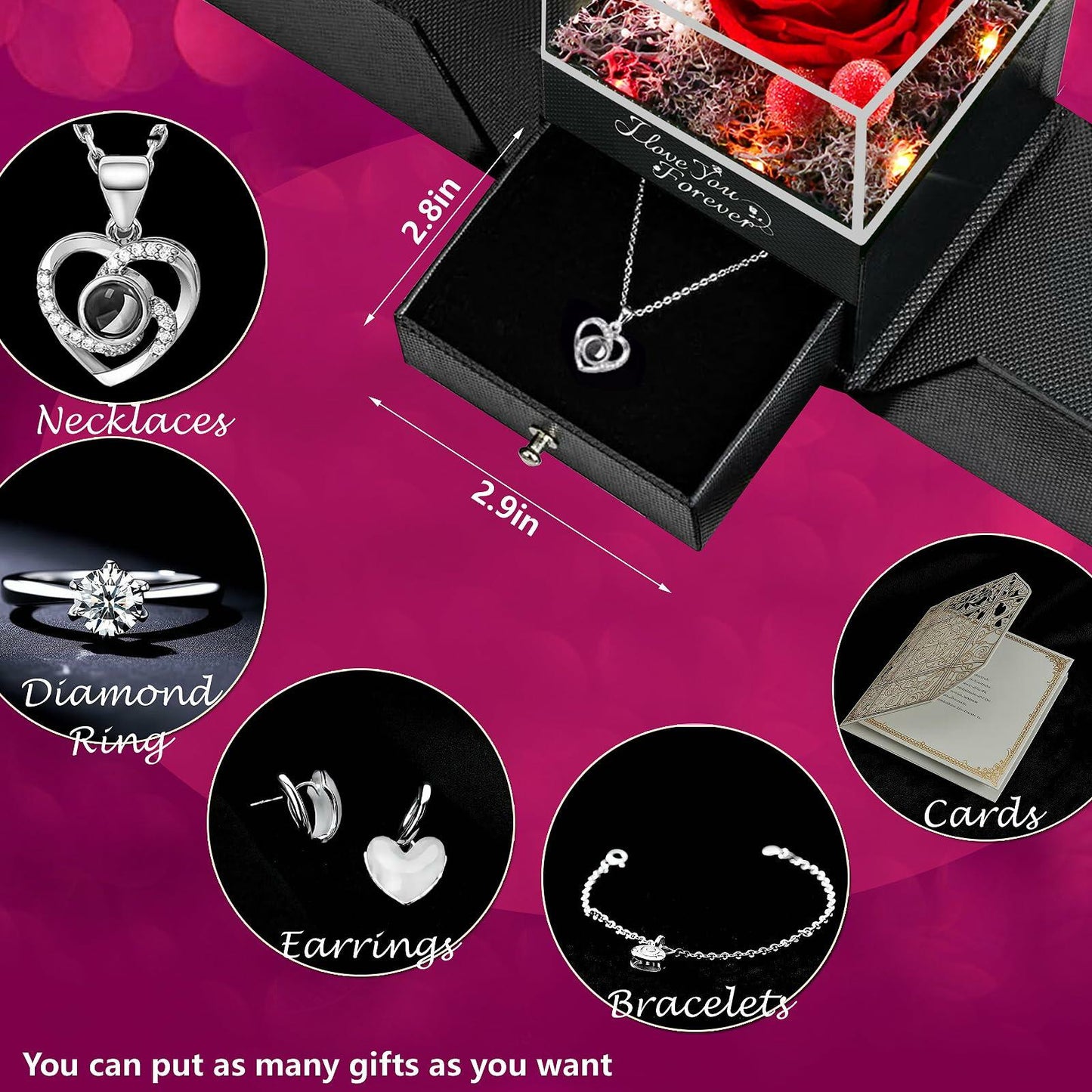 Logth Forever Rose Preserved Red Flower Box with Heart Necklace Gift