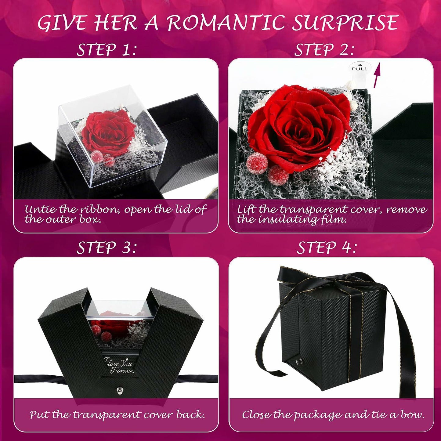 Logth Forever Rose Preserved Red Flower Box with Heart Necklace Gift