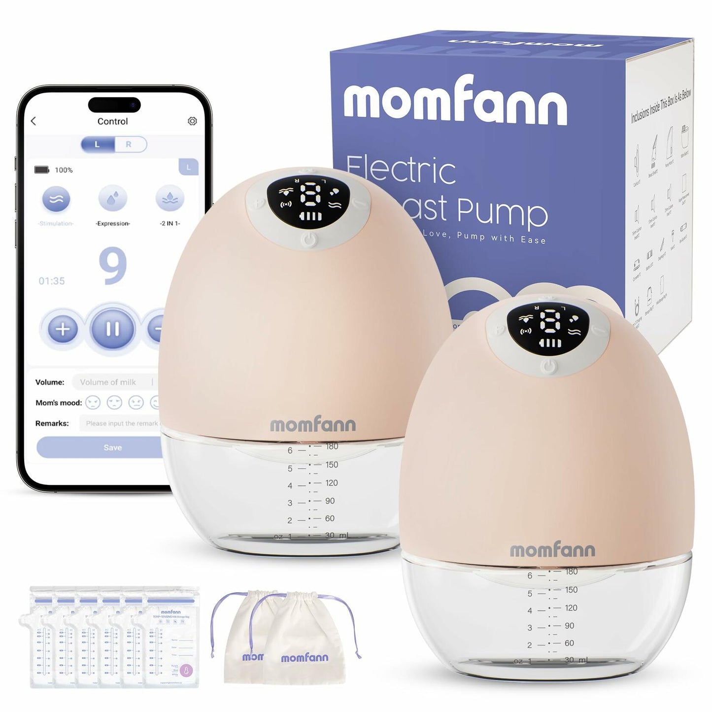 MOMFANN Electric Wearable Double Breast Pump Hands-Free APP Control Beige