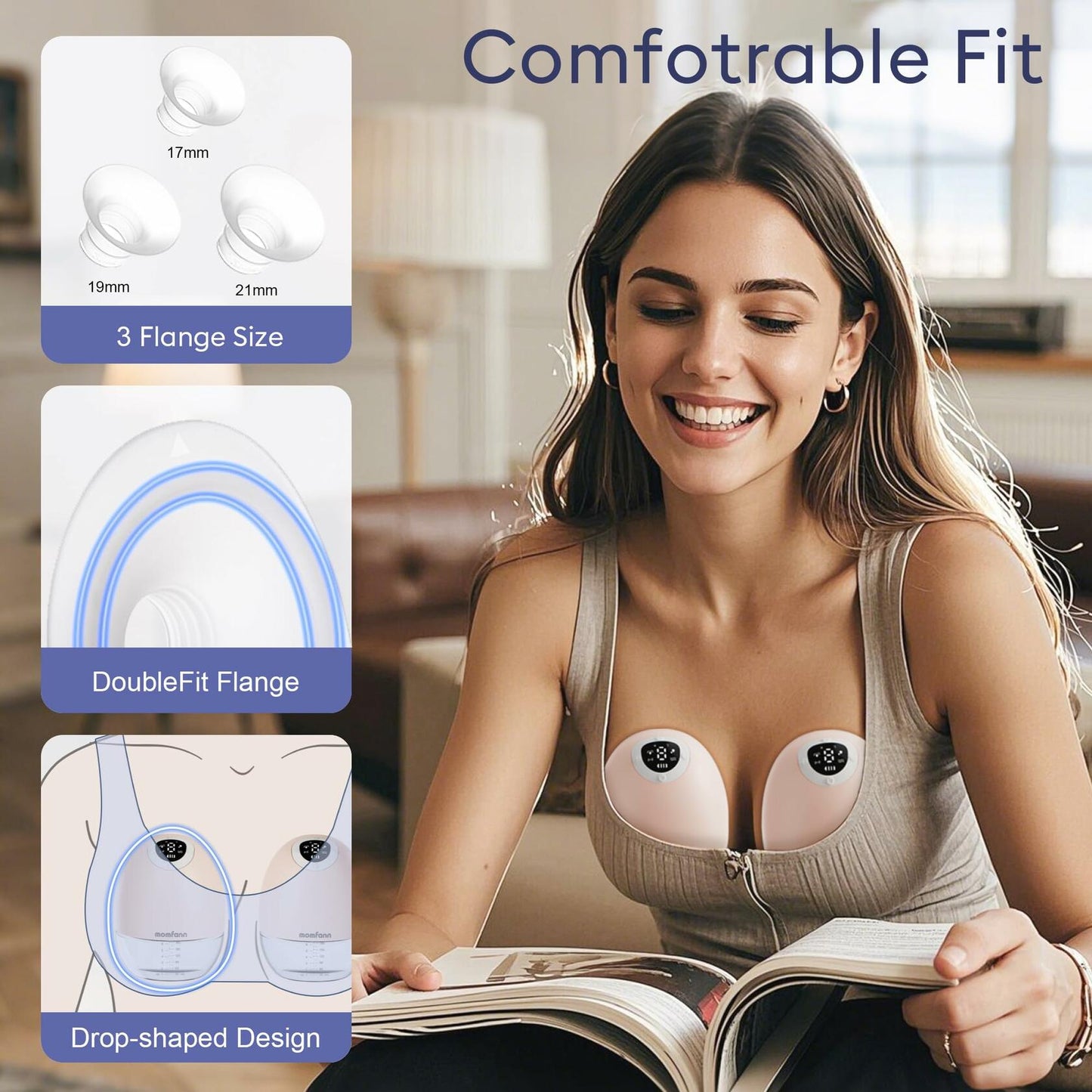 MOMFANN Electric Wearable Double Breast Pump Hands-Free APP Control Beige