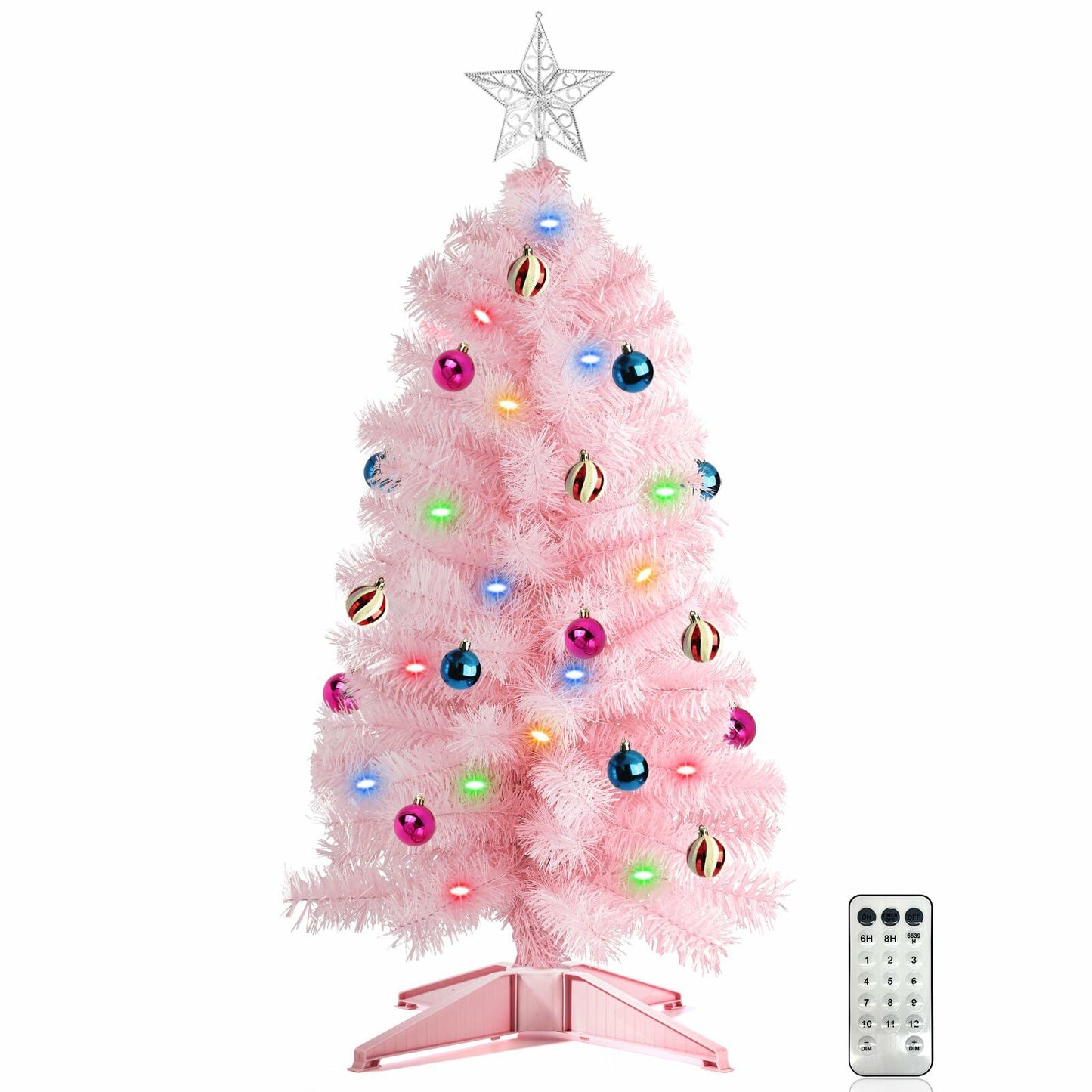 3 Ft Pink Christmas Tree 50 LED 12 Modes Timer 15 Ornaments 3D Star