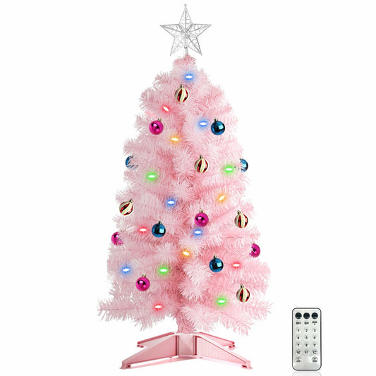 3 Ft Pink Christmas Tree 50 LED 12 Modes Timer 15 Ornaments 3D Star