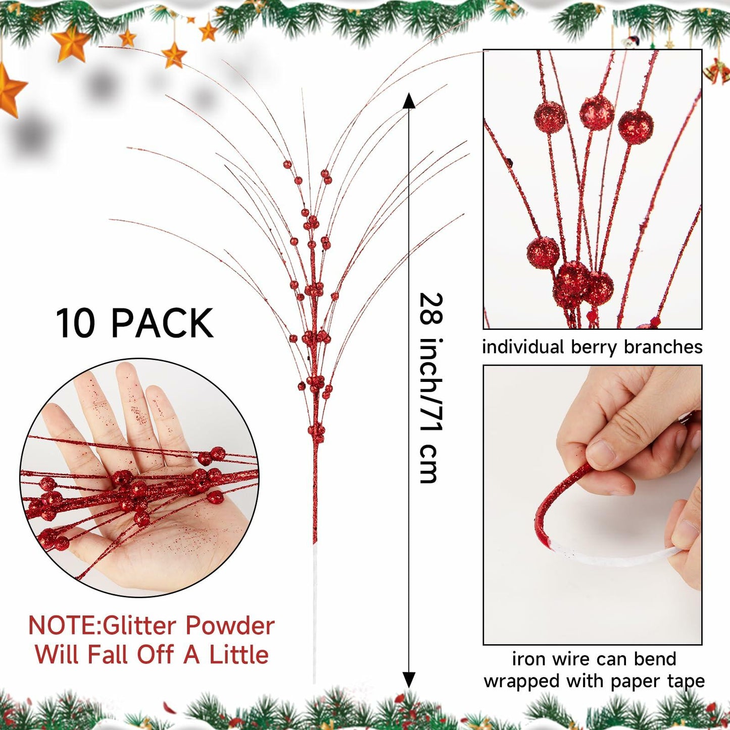 28in 10PCS Artificial Glitter Red Berry Stem Christmas Ornaments DIY Decor