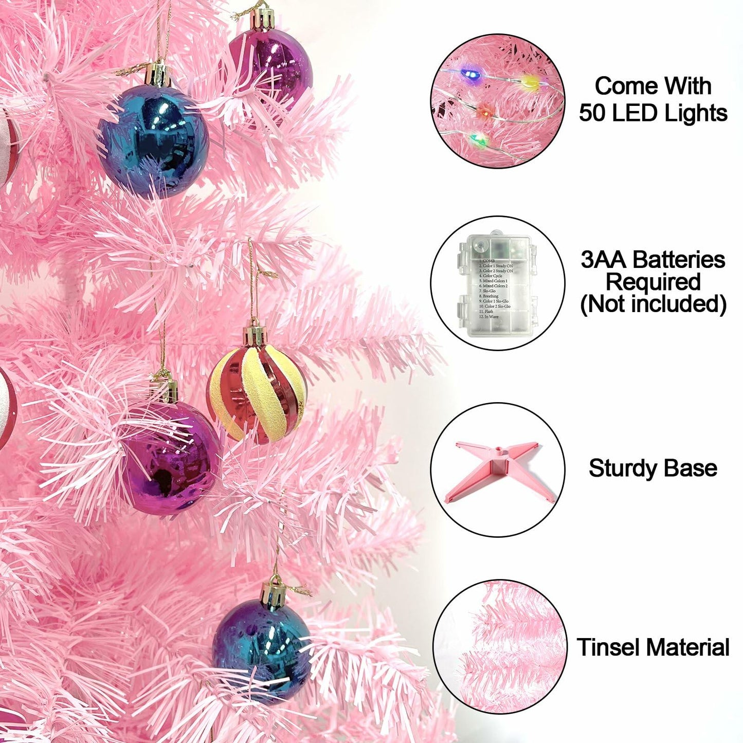 3 Ft Pink Christmas Tree 50 LED 12 Modes Timer 15 Ornaments 3D Star