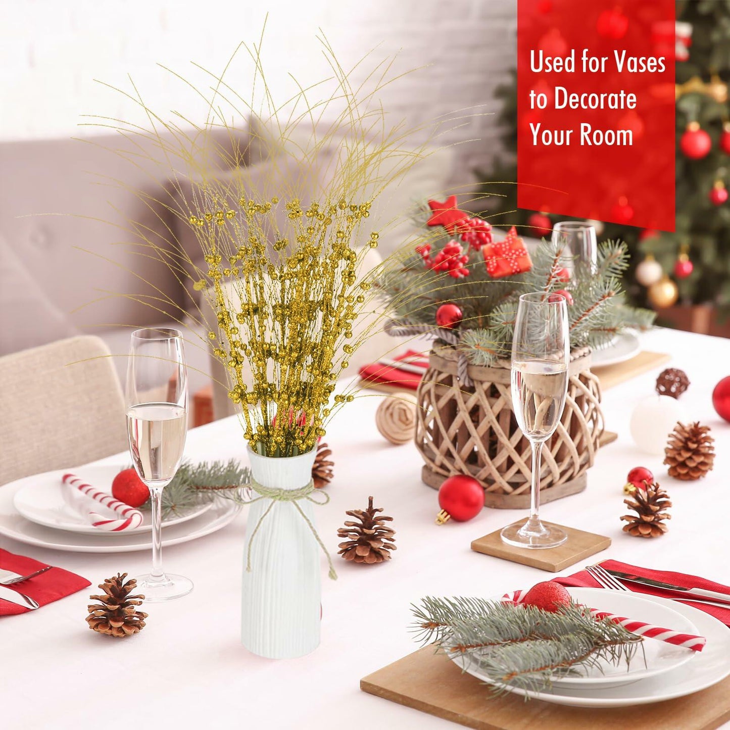 28in 10PCS Artificial Glitter Red Berry Stem Christmas Ornaments DIY Decor