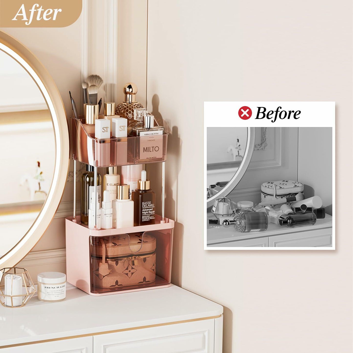 Delamu 3-Tier Makeup Organizer with Drawers & 6-Grid Top Pink Vanity Storage