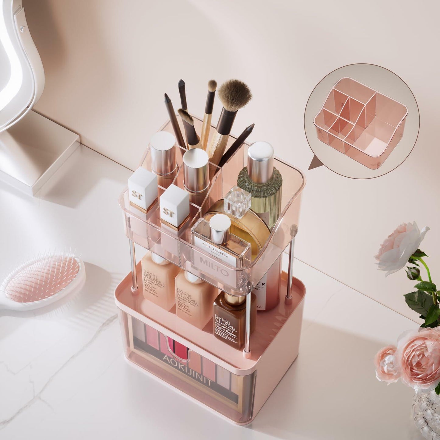 Delamu 3-Tier Makeup Organizer with Drawers & 6-Grid Top Pink Vanity Storage