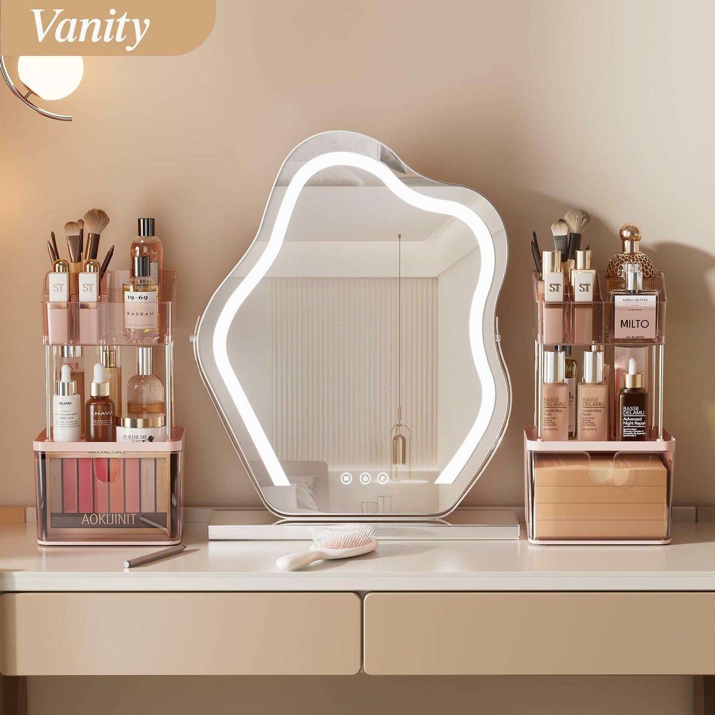 Delamu 3-Tier Makeup Organizer with Drawers & 6-Grid Top Pink Vanity Storage