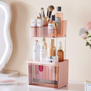 Delamu 3-Tier Makeup Organizer with Drawers & 6-Grid Top Pink Vanity Storage