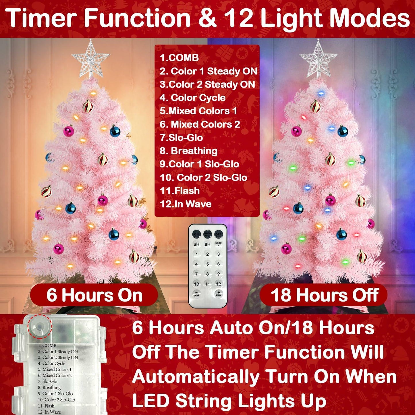 3 Ft Pink Christmas Tree 50 LED 12 Modes Timer 15 Ornaments 3D Star