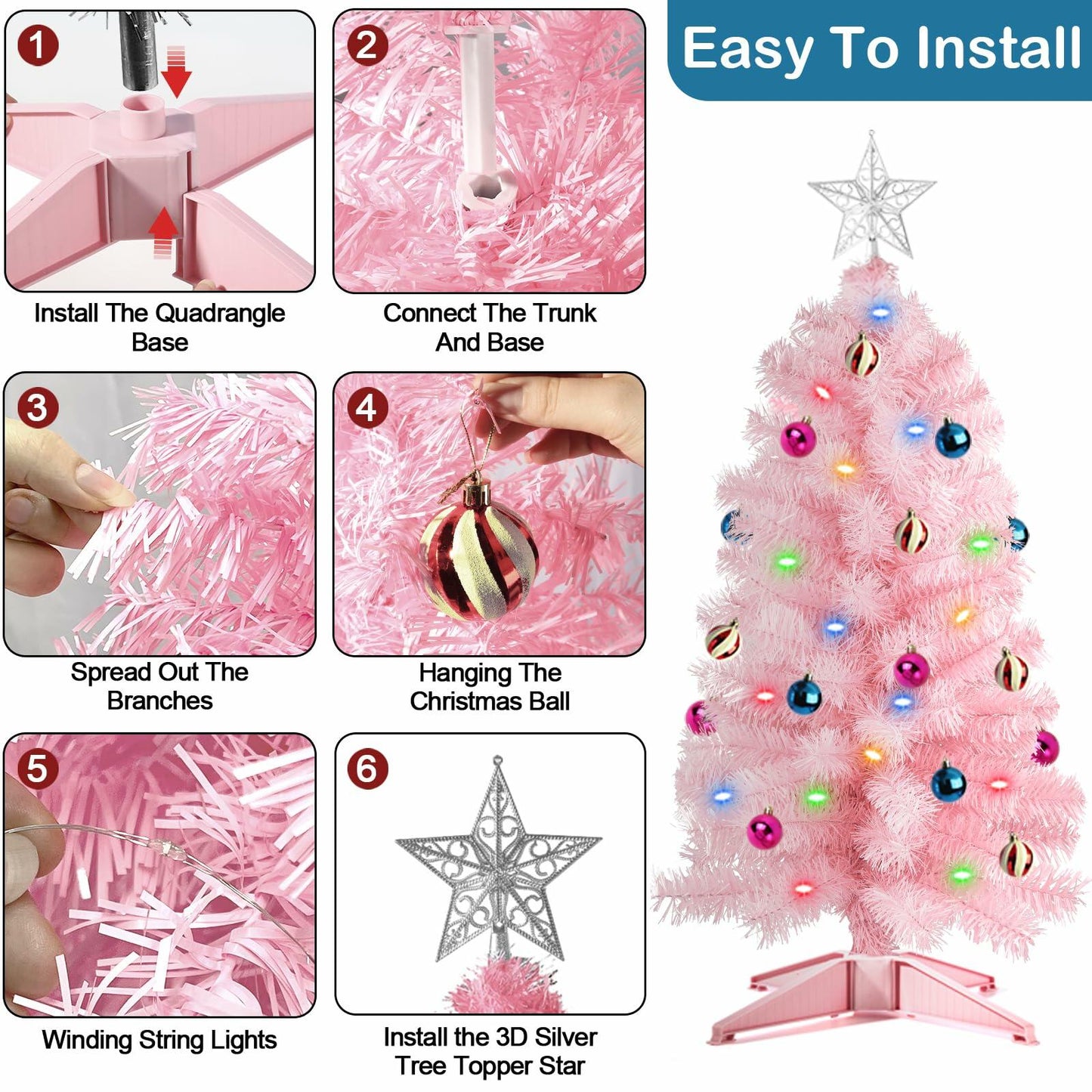 3 Ft Pink Christmas Tree 50 LED 12 Modes Timer 15 Ornaments 3D Star