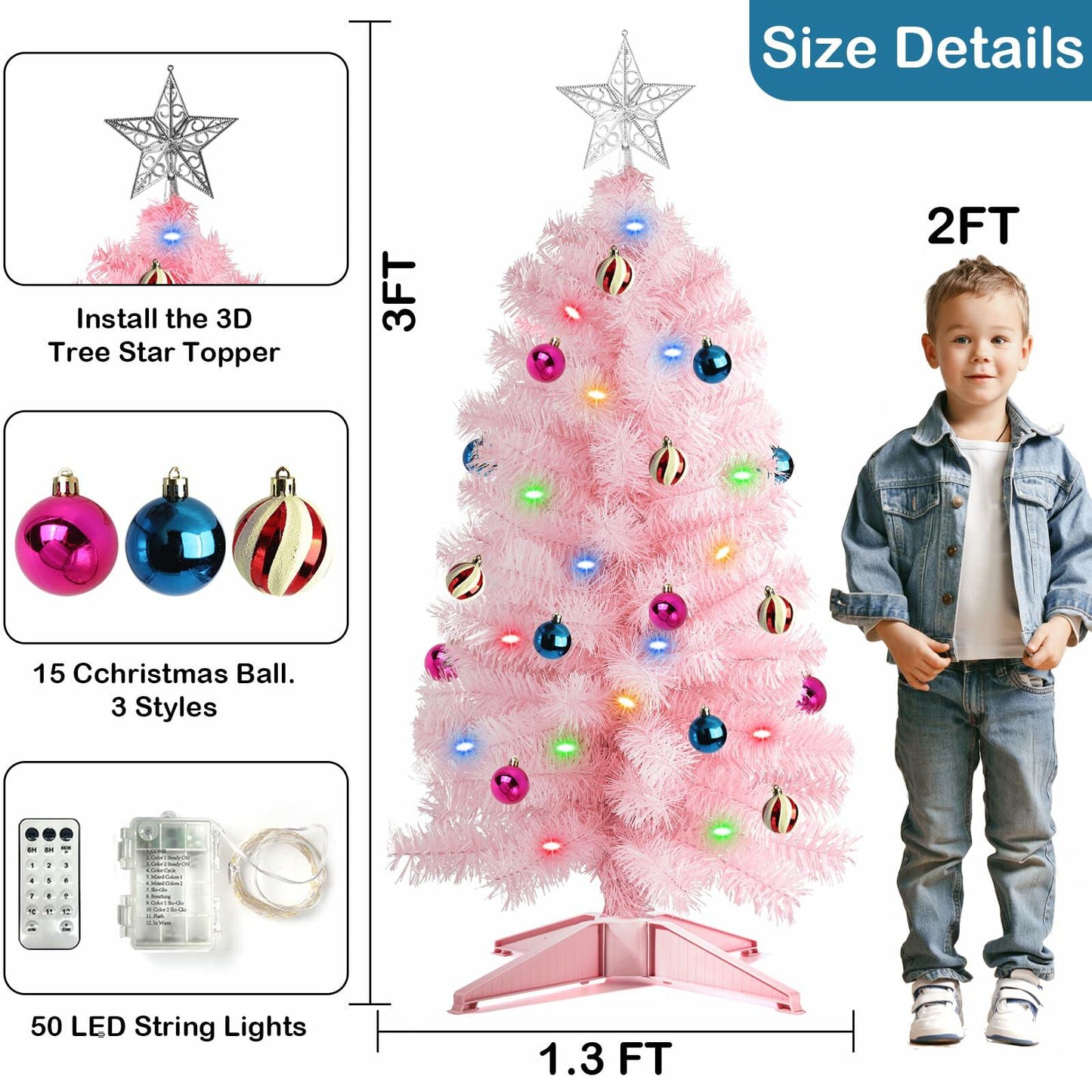 3 Ft Pink Christmas Tree 50 LED 12 Modes Timer 15 Ornaments 3D Star