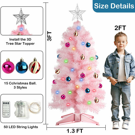 3 Ft Pink Christmas Tree 50 LED 12 Modes Timer 15 Ornaments 3D Star