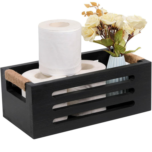 HXGONYI Wood Toilet Paper Holder Basket with Handles Black 12x5.9x4.9in