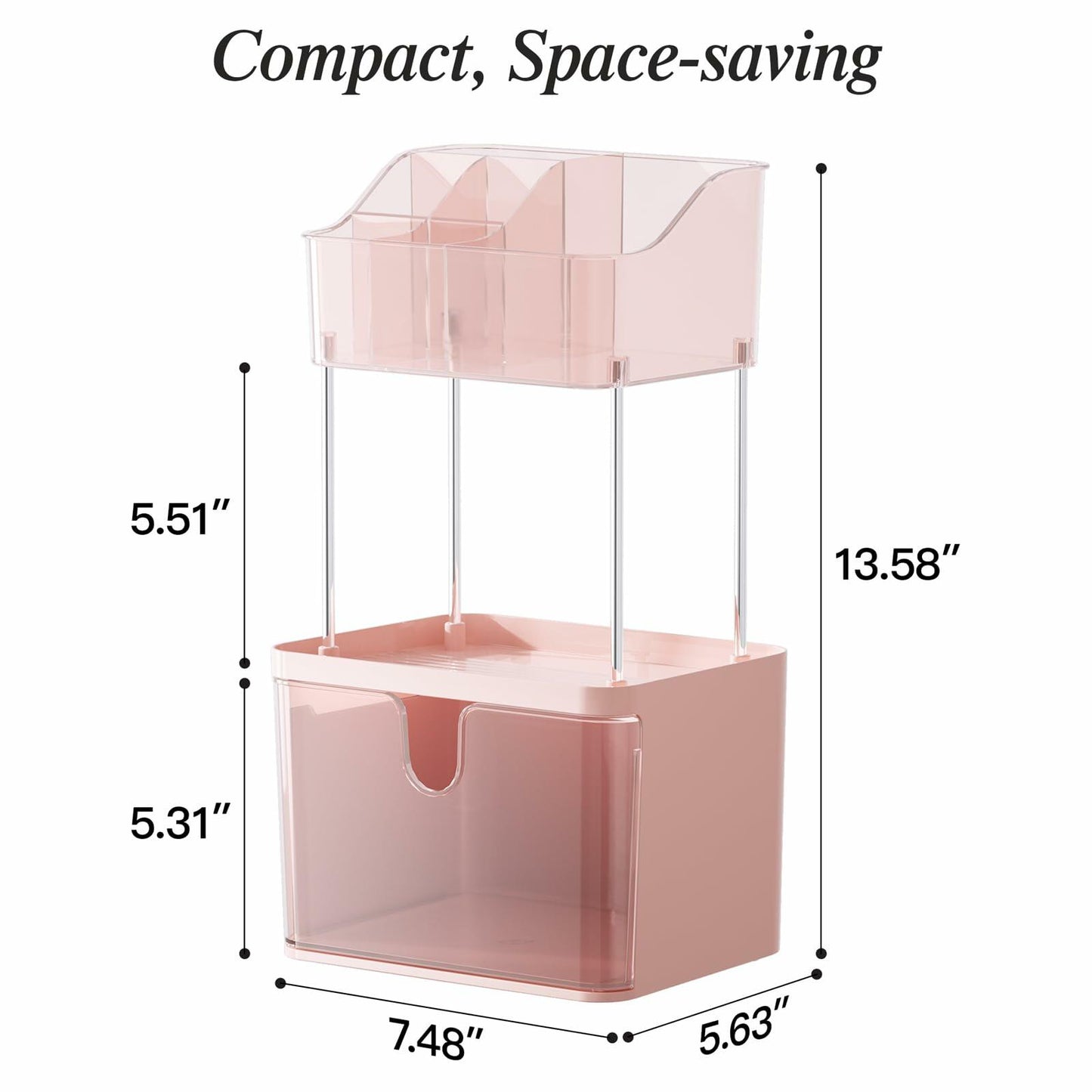 Delamu 3-Tier Makeup Organizer with Drawers & 6-Grid Top Pink Vanity Storage